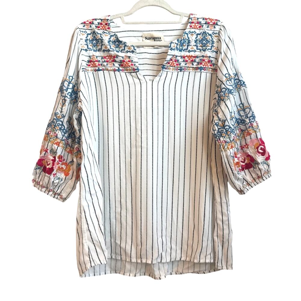 Savannah Jane White with Black Stripes Multicolor Boho Embroidered Detail Top